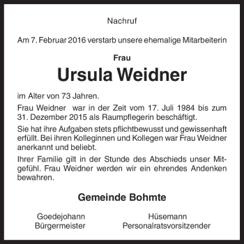 Traueranzeige von Ursula Weidner von Neue Osnabrücker Zeitung GmbH & Co. KG