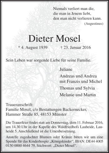 Traueranzeige von Dieter Mosel von Neue Osnabrücker Zeitung GmbH & Co. KG