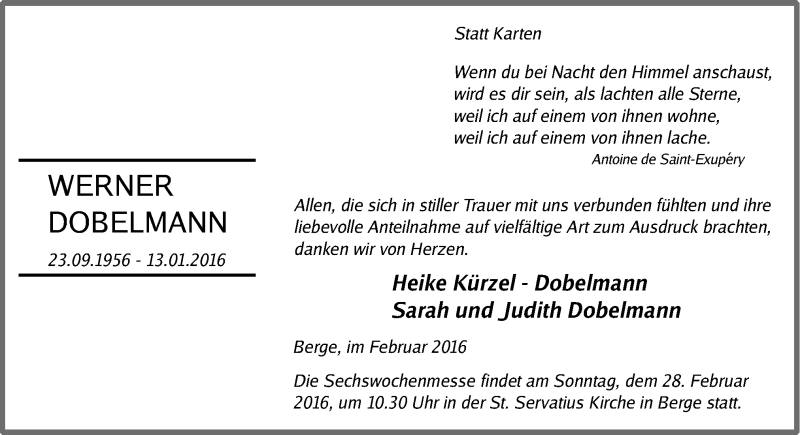  Traueranzeige für Werner Dobelmann vom 26.02.2016 aus Neue Osnabrücker Zeitung GmbH & Co. KG