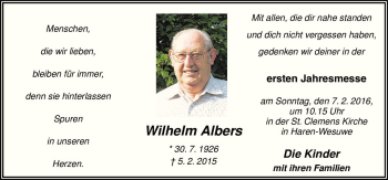 Traueranzeige von Wilhelm Albers von Neue Osnabrücker Zeitung GmbH & Co. KG