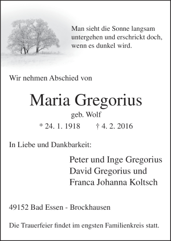 Traueranzeige von Maria Gregorius von Neue Osnabrücker Zeitung GmbH & Co. KG