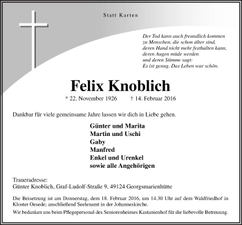 Traueranzeige von Felix Knoblich von Neue Osnabrücker Zeitung GmbH & Co. KG