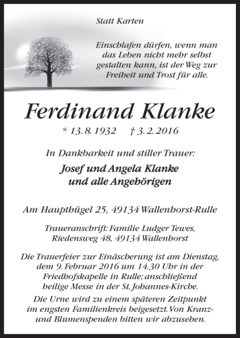 Traueranzeige von Ferdinand Klanke von Neue Osnabrücker Zeitung GmbH & Co. KG
