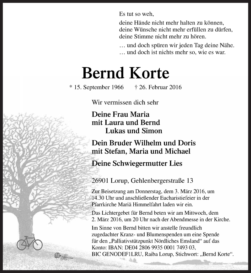  Traueranzeige für Bernd Korte vom 29.02.2016 aus Neue Osnabrücker Zeitung GmbH & Co. KG