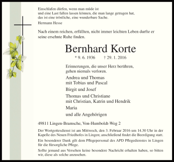 Traueranzeige von Bernhard Korte von Neue Osnabrücker Zeitung GmbH & Co. KG