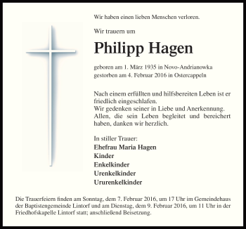 Traueranzeige von Philipp Hagen von Neue Osnabrücker Zeitung GmbH & Co. KG
