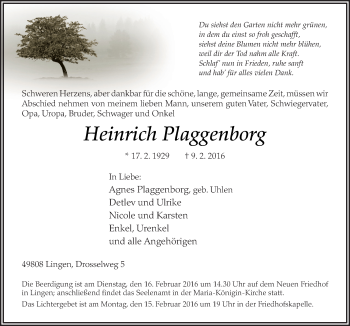 Traueranzeige von Heinrich Plaggenborg von Neue Osnabrücker Zeitung GmbH & Co. KG