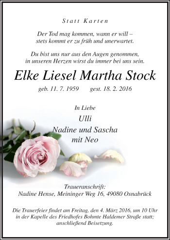 Traueranzeige von Elke Liesel Martha Stock von Neue Osnabrücker Zeitung GmbH & Co. KG
