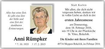 Traueranzeige von Anni Rümpker von Neue Osnabrücker Zeitung GmbH & Co. KG