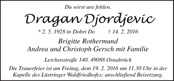 Traueranzeige von Dragan Djordjevic von Neue Osnabrücker Zeitung GmbH & Co. KG