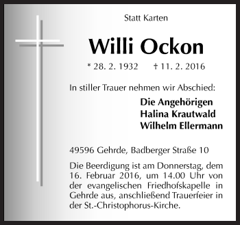 Traueranzeige von Willi Ockon von Neue Osnabrücker Zeitung GmbH & Co. KG
