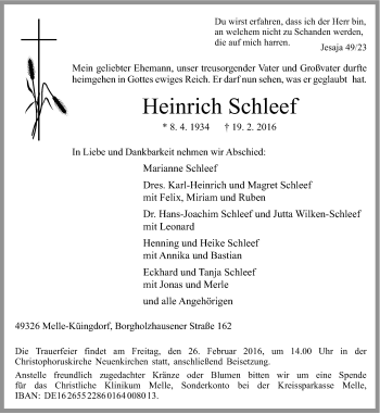 Traueranzeige von Heinrich Schleef von Neue Osnabrücker Zeitung GmbH & Co. KG