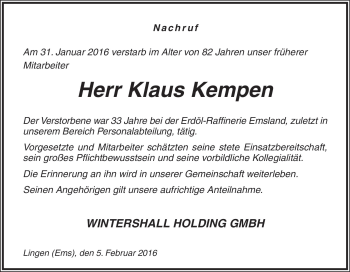 Traueranzeige von Klaus Kempen von Neue Osnabrücker Zeitung GmbH & Co. KG