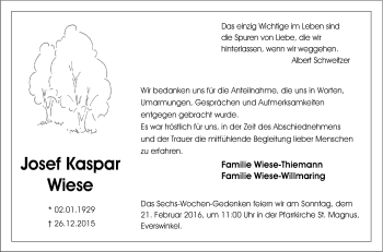 Traueranzeige von Josef Kaspar Wiese von Neue Osnabrücker Zeitung GmbH & Co. KG