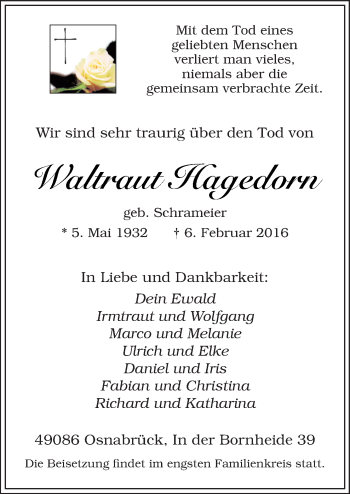 Traueranzeige von Waltraut Hagedorn von Neue Osnabrücker Zeitung GmbH & Co. KG