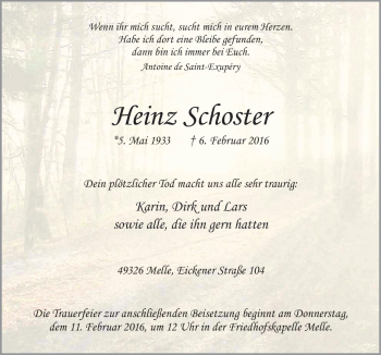 Traueranzeige von Heinz Schoster von Neue Osnabrücker Zeitung GmbH & Co. KG