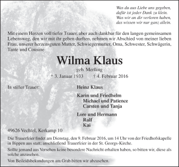 Traueranzeige von Wilma Klaus von Neue Osnabrücker Zeitung GmbH & Co. KG