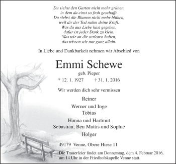 Traueranzeige von Emmi Schewe von Neue Osnabrücker Zeitung GmbH & Co. KG