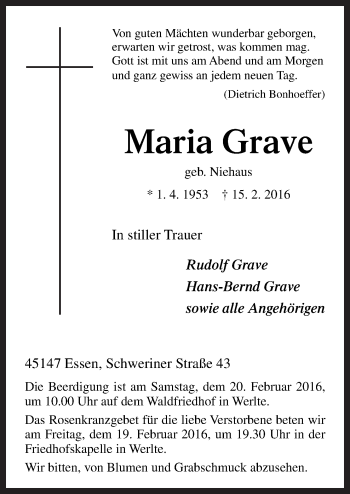 Traueranzeige von Maria Grave von Neue Osnabrücker Zeitung GmbH & Co. KG