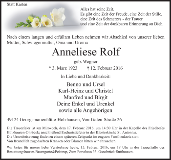Traueranzeige von Anneliese Rolf von Neue Osnabrücker Zeitung GmbH & Co. KG