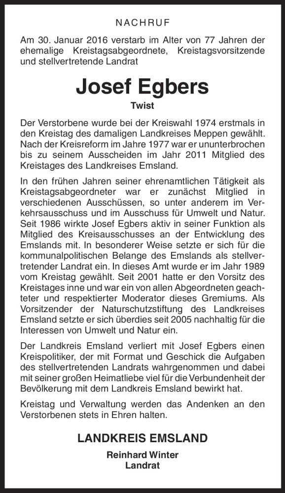  Traueranzeige für Josef Egbers vom 04.02.2016 aus Neue Osnabrücker Zeitung GmbH & Co. KG