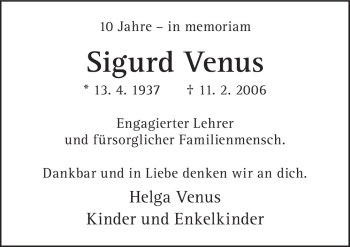 Traueranzeige von Sigurd Venus von Neue Osnabrücker Zeitung GmbH & Co. KG