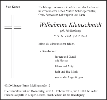 Traueranzeige von Wilhelmine Kleinschmidt von Neue Osnabrücker Zeitung GmbH & Co. KG