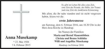 Traueranzeige von Anna Musekamp von Neue Osnabrücker Zeitung GmbH & Co. KG