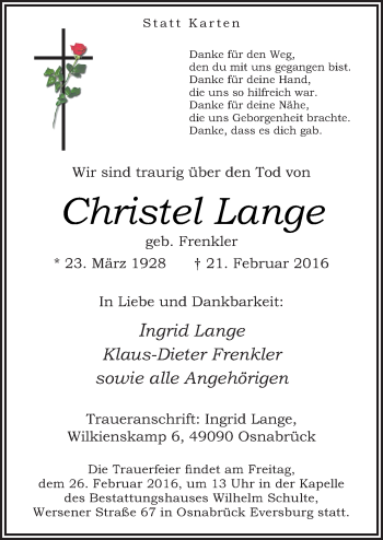 Traueranzeige von Christel Lange von Neue Osnabrücker Zeitung GmbH & Co. KG