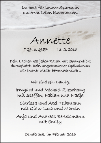 Traueranzeige von Annette  von Neue Osnabrücker Zeitung GmbH & Co. KG