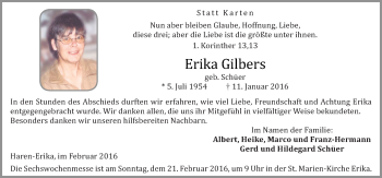 Traueranzeige von Erika Gilbers von Neue Osnabrücker Zeitung GmbH & Co. KG