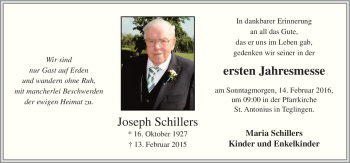 Traueranzeige von Joseph Schillers von Neue Osnabrücker Zeitung GmbH & Co. KG