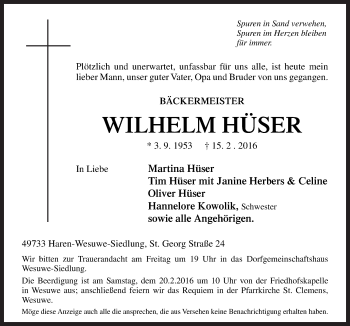 Traueranzeige von Wilhelm Hüser von Neue Osnabrücker Zeitung GmbH & Co. KG