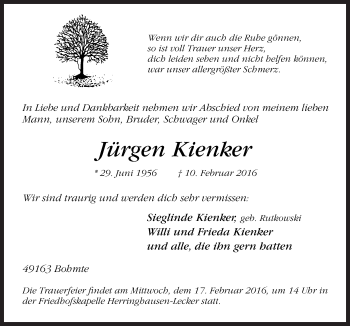 Traueranzeige von Jürgen Kienker von Neue Osnabrücker Zeitung GmbH & Co. KG