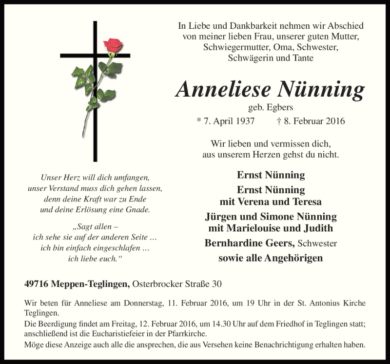  Traueranzeige für Anneliese Nünning vom 10.02.2016 aus Neue Osnabrücker Zeitung GmbH & Co. KG