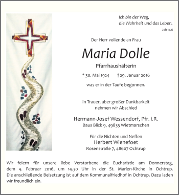 Traueranzeige von Maria Dolle von Neue Osnabrücker Zeitung GmbH & Co. KG