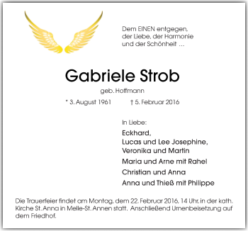 Traueranzeige von Gabriele Strob von Neue Osnabrücker Zeitung GmbH & Co. KG