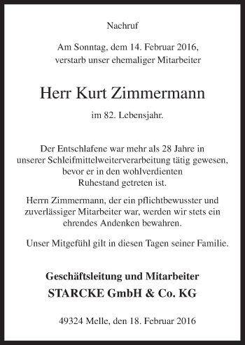 Traueranzeige von Kurt Zimmermann von Neue Osnabrücker Zeitung GmbH & Co. KG