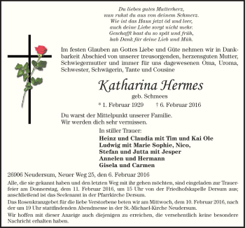 Traueranzeige von Katharina Hermes von Neue Osnabrücker Zeitung GmbH & Co. KG