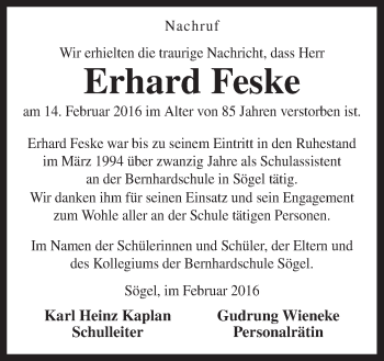 Traueranzeige von Erhard Feske von Neue Osnabrücker Zeitung GmbH & Co. KG