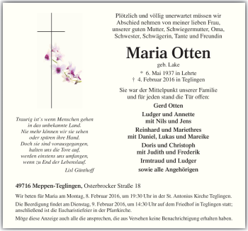 Traueranzeige von Maria Otten von Neue Osnabrücker Zeitung GmbH & Co. KG