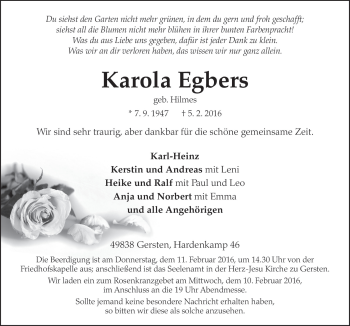 Traueranzeige von Karola Egbers von Neue Osnabrücker Zeitung GmbH & Co. KG