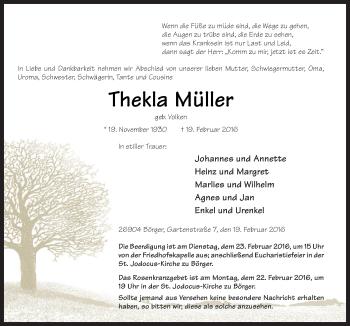 Traueranzeige von Thekla Müller von Neue Osnabrücker Zeitung GmbH & Co. KG