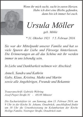 Traueranzeige von Ursula Möller von Neue Osnabrücker Zeitung GmbH & Co. KG