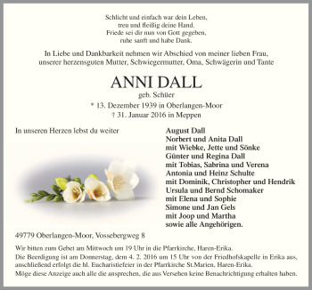 Traueranzeige von Anni Dall von Neue Osnabrücker Zeitung GmbH & Co. KG