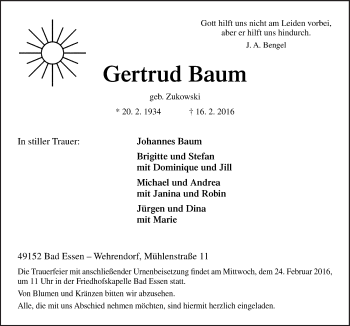 Traueranzeige von Gertrud Baum von Neue Osnabrücker Zeitung GmbH & Co. KG