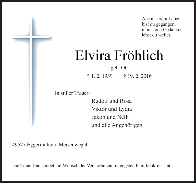  Traueranzeige für Elvira Fröhlich vom 22.02.2016 aus Neue Osnabrücker Zeitung GmbH & Co. KG