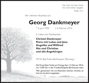 Traueranzeige von Georg Dankmeyer von Neue Osnabrücker Zeitung GmbH & Co. KG