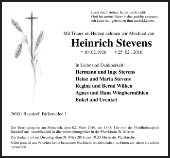 Traueranzeige von Heinrich Stevens von Neue Osnabrücker Zeitung GmbH & Co. KG