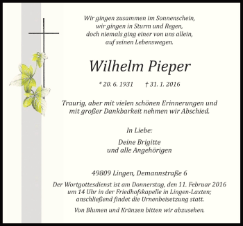 Traueranzeige von Wilhelm Pieper von Neue Osnabrücker Zeitung GmbH & Co. KG